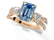 3 Stone Engagement Ring Setting for Fancy Blue Emerald Cut Center with Pave Twist Band and Prong Head in Rose Gold