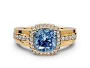 Halo Engagement Ring Setting for Fancy Blue Cushion Cut Center with Wide Band, Inlaid Accent Row and Prong Head in Yellow Gold