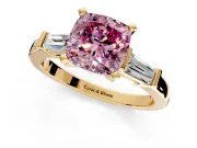 3 Stone Engagement Ring Setting for Fancy Pink Cushion Cut Center with Channel Baguette Accents and Prong Head in Yellow Gold