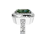 Halo Engagement Ring Setting for Fancy Green Emerald Cut Center with Inner Milgrain Border and Prong Head in Platinum