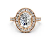 Halo Engagement Ring Setting for Oval Center with Milgrain Frame, Pave Band and Prong Head in Rose Gold