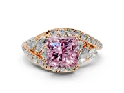 Halo Engagement Ring Setting for Fancy Pink Princess Cut Center with Marquise and Pave Bypass Band and Prong Head in Rose Gold