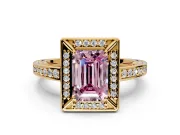 Halo Engagement Ring Setting for Fancy Pink Emerald Cut Center with Framed Halo, Pave Band and Prong Head in Yellow Gold