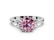 3 Stone Engagement Ring Setting for Fancy Pink Round Cut Center with Wide Plain Band and Prong Head in White Gold