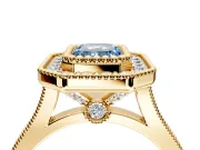 Halo Engagement Ring Setting for Fancy Blue Emerald Cut Center with Milgrain Frame, Pave Band and Prong Head in Yellow Gold