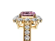 Halo Engagement Ring Setting for Fancy Pink Asscher Cut Center with Milgrain Channel Band and Prong Head in Yellow Gold