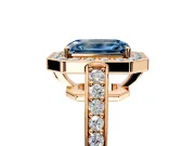 Bezel-Framed Halo Engagement Ring Setting for Fancy Blue Emerald Cut Center with Pave Band and Prong Head in Rose Gold