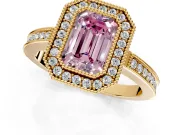 Halo Engagement Ring Setting for Fancy Pink Emerald Cut Center with Milgrain Halo, Pave Band and Prong Head in Yellow Gold
