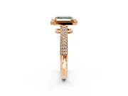 Milgrain Halo Engagement Ring Setting for Fancy Green Asscher Cut Center with Three-Sided Pave Band and Prong Head in Rose Gold