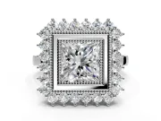 Halo Engagement Ring Setting for Princess Cut Center with Milgrain Bezel Rim, Plain Band and Prong Head in Sterling Silver