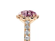 Halo Engagement Ring Setting for Fancy Pink Round Cut Center with Full Pave Band and Prong Head in Rose Gold