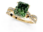 Solitaire Engagement Ring Setting for Fancy Green Radiant Cut Center with Narrow Twist Pave Band and Prong Head in Yellow Gold