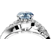 Halo Engagement Ring Setting for Fancy Blue Oval Center with Marquise and Pave Bypass Band and Prong Head in White Gold