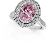 Halo Engagement Ring Setting for Fancy Pink Oval Center with Milgrain Frame, Pave Band and Prong Head in White Gold