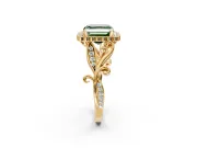 Halo Engagement Ring Setting for Fancy Green Asscher Cut Center with Leaf Motif Split Shank and Prong Head in Yellow Gold