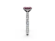 Solitaire Engagement Ring Setting for Fancy Pink Emerald Cut Center with Milgrain-Edged Pave Band and Prong Head in Platinum