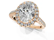 Halo Engagement Ring Setting for Oval Center with Narrowing Pave Band and Prong Head in Rose Gold
