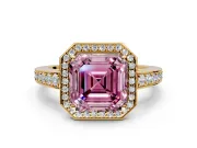 Bezel-Framed Halo Engagement Ring Setting for Fancy Pink Asscher Cut Center with Pave Band and Prong Head in Yellow Gold