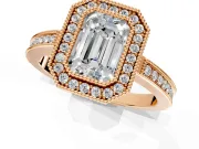Halo Engagement Ring Setting for Emerald Cut Center with Milgrain Halo, Pave Band and Prong Head in Rose Gold