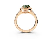 Milgrain Halo Engagement Ring Setting for Fancy Green Heart-Shaped Center with Three-Sided Pave Band and Prong Head in Rose Gold