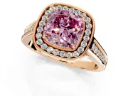 Halo Engagement Ring Setting for Fancy Pink Cushion Cut Center with Outer Bezel Rim, Pave Band and Prong Head in Rose Gold