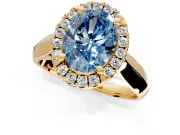 Halo Engagement Ring Setting for Fancy Blue Oval Center with Square Band and Prong Head in Yellow Gold