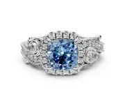 Milgrain Halo Engagement Ring Setting for Fancy Blue Cushion Cut Center with Shoulder Bezels and Prong Head in White Gold