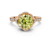 Halo Engagement Ring Setting for Fancy Yellow Round Cut Center with Openwork Halo, Pave Band and Prong Head in Rose Gold