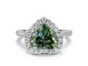 Halo Engagement Ring Setting for Fancy Green Heart-Shaped Center with Narrowing Pave Band and Prong Head in White Gold