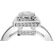 Halo Engagement Ring Setting for Radiant Cut Center with Metal-Rimmed Halo, Pave Band and Prong Head in White Gold