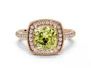Milgrain Halo Engagement Ring Setting for Fancy Yellow Cushion Cut Center with Three-Sided Pave Band and Prong Head in Rose Gold