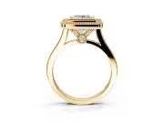 Halo Engagement Ring Setting for Princess Cut Center with Milgrain Frame, Pave Band and Prong Head in Yellow Gold