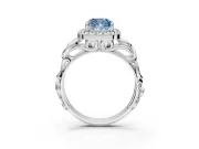 Halo Engagement Ring Setting for Fancy Blue Cushion Cut Center with Open Scroll Shoulders and Prong Head in Platinum