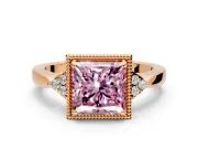 Cluster Engagement Ring Setting for Fancy Pink Princess Cut Center with Milgrain Shoulder Clusters and Prong Head in Rose Gold
