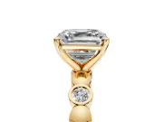 Solitaire Engagement Ring Setting for Asscher Cut Center with Beaded Bezel Station Band and Prong Head in Yellow Gold