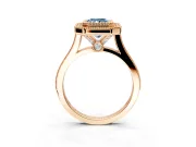 Halo Engagement Ring Setting for Fancy Blue Radiant Cut Center with Milgrain Frame, Pave Band and Prong Head in Rose Gold