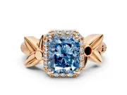 Halo Engagement Ring Setting for Fancy Blue Radiant Cut Center with Floral Band and Prong Head in Rose Gold