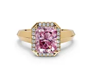 Halo Engagement Ring Setting for Fancy Pink Radiant Cut Center with Knife Ridge Cathedral Band and Prong Head in Yellow Gold