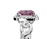 Halo Engagement Ring Setting for Fancy Pink Emerald Cut Center with Open Scroll Shoulders and Prong Head in Platinum