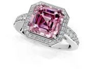 Bezel-Framed Halo Engagement Ring Setting for Fancy Pink Asscher Cut Center with Pave Band and Prong Head in White Gold