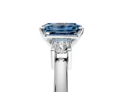 3 Stone Engagement Ring Setting for Fancy Blue Emerald Cut Center with Wide Plain Band and Prong Head in White Gold