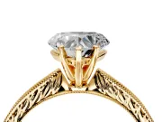 Solitaire Engagement Ring Setting for Heart-Shaped Center with Engraved Milgrain Band and Prong Head in Yellow Gold