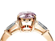 3 Stone Engagement Ring Setting for Fancy Pink Oval Center with Baguette Accents and Prong Head in Rose Gold