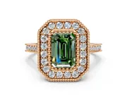 Halo Engagement Ring Setting for Fancy Green Emerald Cut Center with Milgrain Frame, Pave Band and Prong Head in Rose Gold