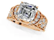 Pave Engagement Ring Setting for Asscher Cut Center with Curved Accent Rows, Openwork and Prong Head in Rose Gold