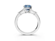 3 Stone Engagement Ring Setting for Fancy Blue Cushion Cut Center with Channel Baguette Accents and Prong Head in Platinum