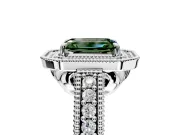 Milgrain Halo Engagement Ring Setting for Fancy Green Emerald Cut Center with Pave Band and Prong Head in White Gold