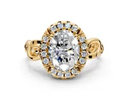 Halo Engagement Ring Setting for Oval Center with Open Scroll Shoulders and Prong Head in Yellow Gold