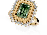 Halo Engagement Ring Setting for Fancy Green Emerald Cut Center with Milgrain Bezel Rim, Plain Band and Prong Head in Yellow Gold