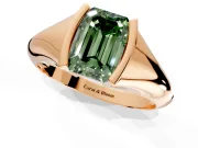 Tension Engagement Ring Setting for Fancy Green Emerald Cut Center with Wide Tapered Band and Tension Head in Rose Gold